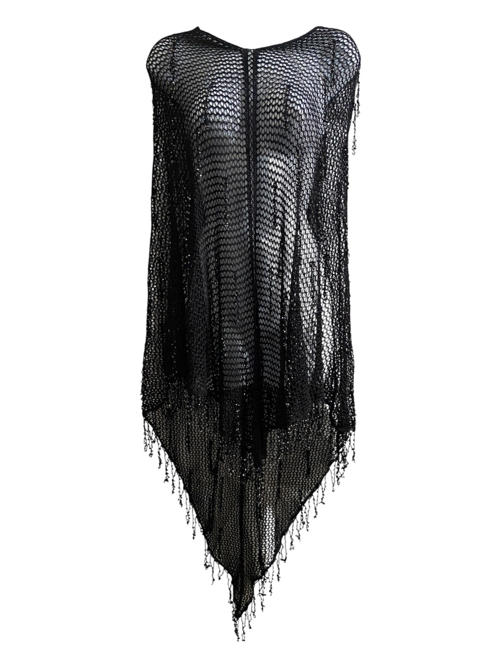 Colleen Lopez Black Sheer Beaded Pullover Poncho Missy One Size Bohemian Sparkle